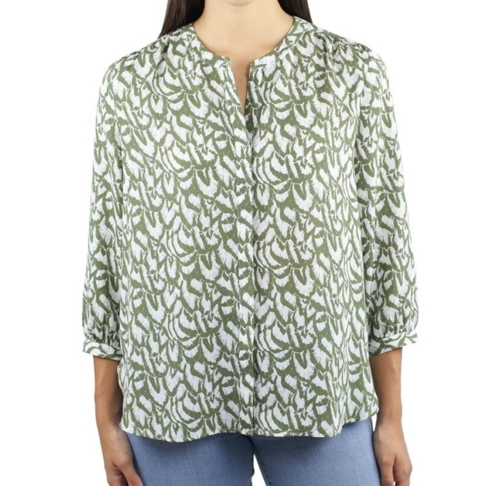 Jachs Girlfriend Green White Abstract Print Pleated Blouse Size large